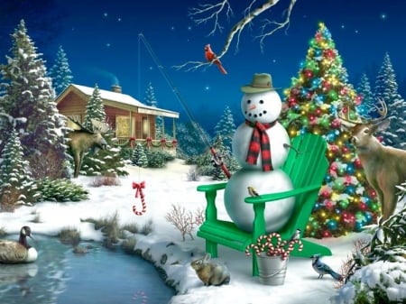 Ice Fishing - fishing, Winter, home, chair, Animals, Pond, christmas tree, painting, Snowman, Christmas