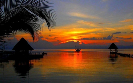 Beach Sunset - nature, beach, bunglow, sunset, palm, resort, boat