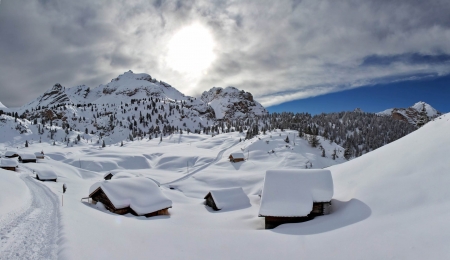 Winter in Dolomites, Italy - sky, landscape, clouds, snow, sun, mountains, cabins