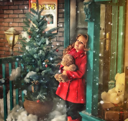 Little Girl and Teddy - girl, pretty, teddy, christmas