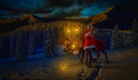 X-Mas Winter Wonderland - girls, lights, forest, women, blonde, abstract, girl, christmas, lamps, fantasy, woman, mountains, animal, winter, evening, valley, beauty, xmas, coldness, reindeer, night, sky, skyphoenixx1, wonderland, santa, woods, ice, angel, snow