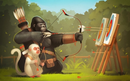 Little archer - zodiac, fantasy, archer, white, art, gorilla, orange, green, animal, monkey, chinese, arrow