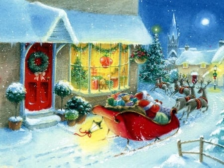 Santa's Sleighride - cottage, light, winter, paint, village, reindeer, draw, snow, art g