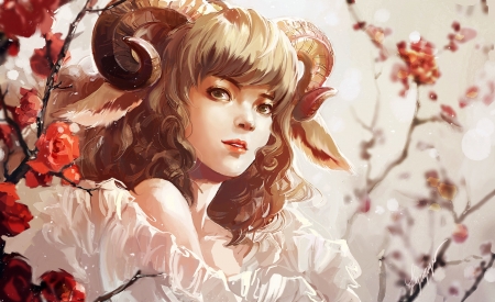 Succubus - zodiac, girl, fantasy, horns, white, art, succubus, orange, anime, aries, manga, demon