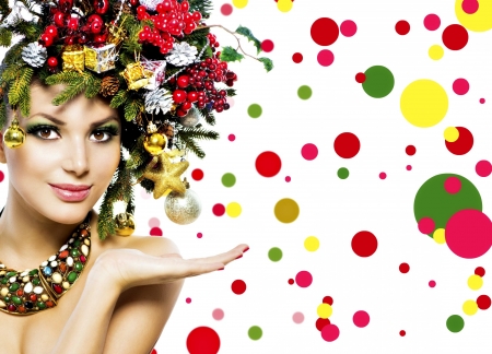 Happy Holidays! - yellow, girl, flower, christmas, colorful, craciun, red, green, woman, model, dot