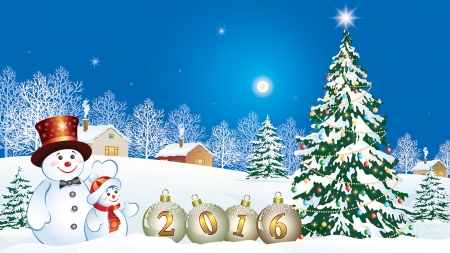 Welcome 2016 - trees, snowmen, snow, stars, foret, 2016, winte, New Year, cabins, cottage