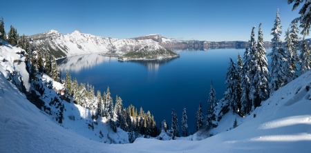 Crater Lake In Winter - sky, trees, national park, snow, sun