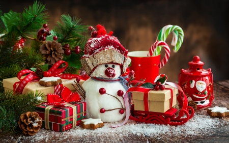 Merry Christmas! - snowman, deco, christmas, white, craciun, red, green, gift, candy