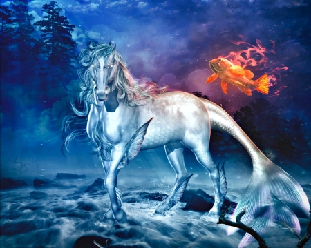 Water spirit - blue, orange, tail, horse, creature, fantasy, water spirit, fish, art, luminos, mike-uriel