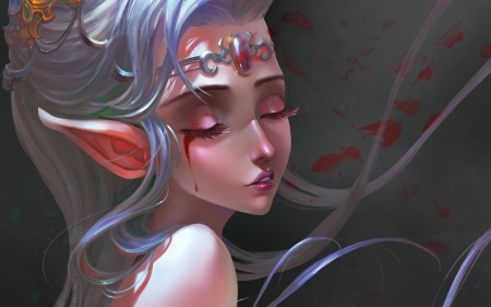 Elf princess - woman, kailin90, elf, girl, blood, fantasy, face, art, red