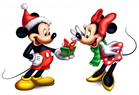 For you, Minnie! - hat, animation, minnie, mickey, mouse, christmas, santa, white, craciun, red, cute, gift, couple, disney