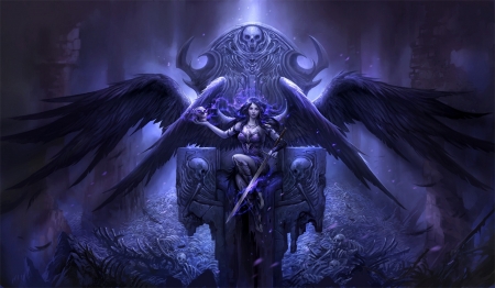 â™š Dark Throne â™” - sword, winged, gothic, dark, skull, wings, fantasy, throne, weapon