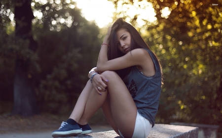 brunette relaxing - tree, brunette, park, woman