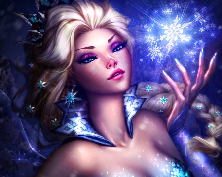 Elsa - winter, pink, snowflake, michellehoefener, frozen, fanart, girl, blue, art, fantasy, elsa, luminos, disney, snow queen