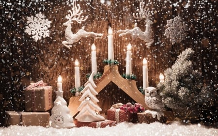 Happy Holidays! - wood, deco, candle, tree, christmas, owl, white, snowflake, craciun, card