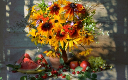 Still Life - flowers, shadow, fruits, summer