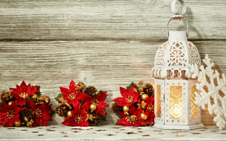 Merry Christmas! - poinsettia, red, flower, craciun, christmas, wood, white, card, lantern