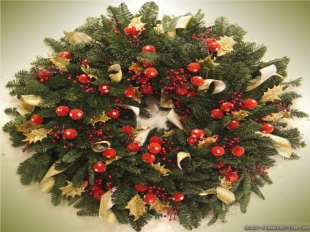 Christmas Wreath - flowers, bells, red, green