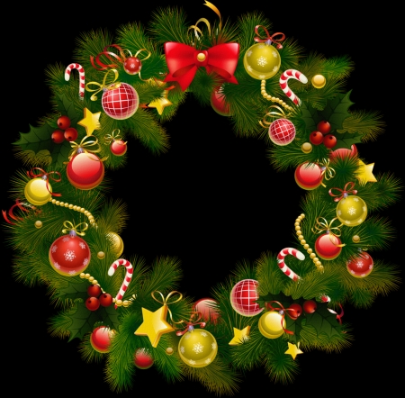 Christmas Wreath - stars, yellow, christmas decorations, bells, garland