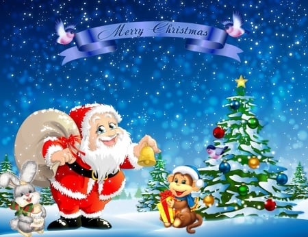 Merry Christmas - Christmas tree, rabbit, Monkey, Winter hat, Santa Claus, Holidays, Christmas hats, Christmas