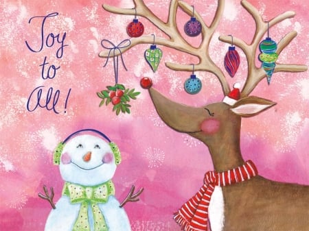 Joy to All - christmas, snowman, card, reindeer, years, pink, new, joy