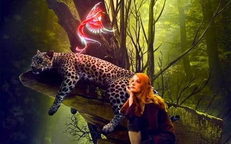 Primal Contemplation - women, cgi, elf, 3d, jungle, jaguar, phoenix, fantasy