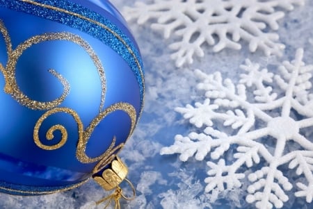 Blue Christmas decoration - snow flakes, white, bell, christmas