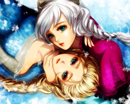 Anna and Elsa - princess, anna, esther-fan-world, couple, girl, snow queen, fantasy, fanart, art, pink, elsa, blue, disney, frozen, sister, blonde