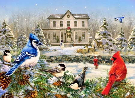 Country house birds - trees, blue jay, painting, art, cold, chickadees, artwork, cardinal, house, birds, firs, winter, country, christmas, cardinals, village, snow, beautiful, frost, chickadee