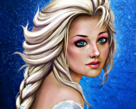 Elsa - face, robertdamnation, winter, blonde, fanart, blue, art, fantasy, movie, elsa, disney, snow queen