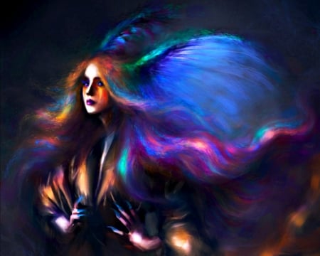 Queen of the humming-birds - purple, pink, kanamm, queen of the hummingbirds, fanart, girl, blue, art, fantasy, pictura, orange, luminos, painting, woman, horns, green