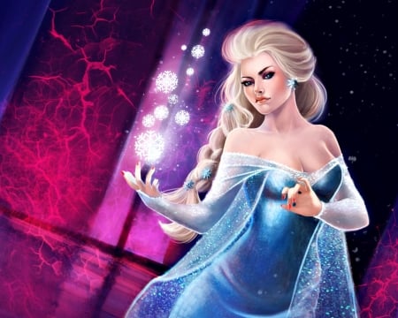 Elsa - winter, blue, girl, blonde, pink, snow queen, fantasy, frozen, fanart, woman, movie, elsa, disney, art-by-naschkatze