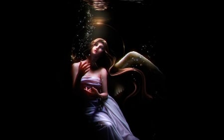 Angel - white, fantasy, black, dark, girl, woman, angel, underwater