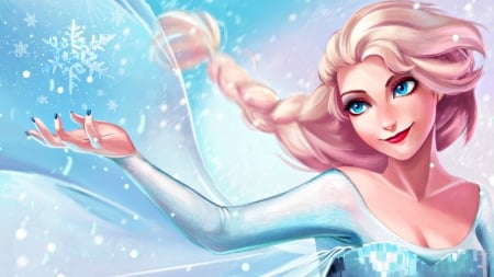 Elsa - winter, blue, girl, blonde, snow queen, fantasy, frozen, snowflake, fanart, movie, olchas, elsa, disney, art, luminos