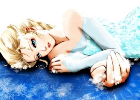 Elsa - anime, winter, blue, girl, blonde, snow queen, frozen, white, movie, esther-fan-world, elsa, disney, art