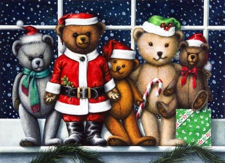 Christmas Bears - santa, painting, artwork, teddybears, funny