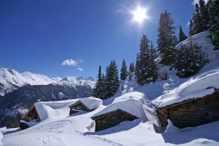 Sunny Winter Day - mountains, cabins, firs, landscape, sun, snow