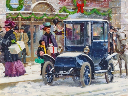 Christmas mood - new year, street, people, joy, painting, horses, art, car, pretty, mood, holiday, retro, snowfall, winter, snowflakes, christmas, town, snow