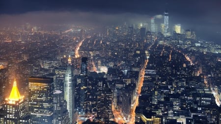 New York - new york, lights, scenery, city, cityscape, skyscraper, night