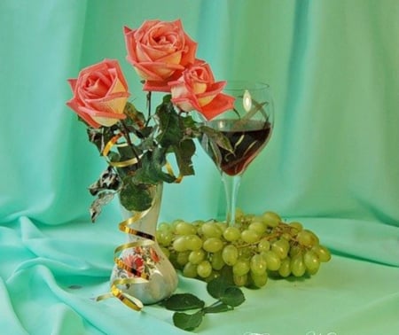 Still Life - flowers, vase, grapes, roses, wine, still life, glass