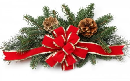 Merry Christmas! - white, red, card, bow, pine cone, craciun, christmas, green