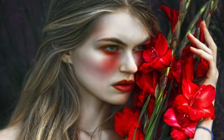 Tears and gladiolus - magda, girl, flower, tears and gladiolus, make-up, red, woman, model, agnieszka lorek, face