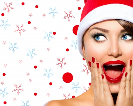 Christmas joy - hat, blue, girl, cehenot, christmas, santa, lips, white, snowflake, craciun, red, woman, model, dot