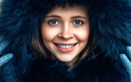 Joy - winter, blue, girl, joy, fur, maks kuzin, smile, woman, model, face