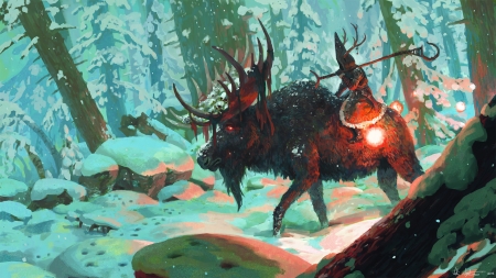 Winter adventure - game, winter, blue, light, man, horns, elk, fantasy, white, red, green, art