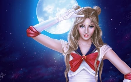 Sailor Moon - red, blonde, anime, serenity, girl, luna, blue, manga, art, white, fantasy, sailor moon, moon