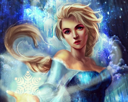 Elsa - winter, blue, girl, blonde, snow queen, fantasy, fanart, g-tale, elsa, disney, art