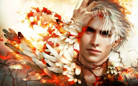 Angel - handsome, autumn, angel, tincek marincek, fantasy, negshin, thank you, art, man, feather, orange, guy