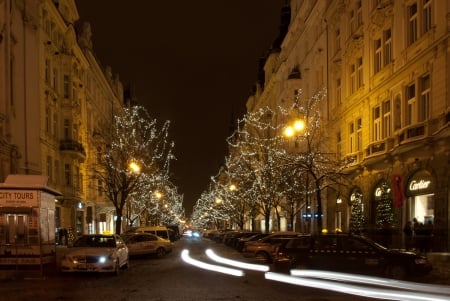 Christmas Time in Prague - street, trees, cars, lights, capitol, czech Republic, city