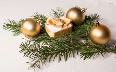 Golden Baubles And Present - present, golden, and, baubles